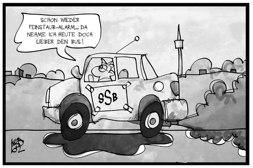 Cartoon: Feinstaub-Alarm (medium) by Kostas Koufogiorgos tagged karikatur,koufogiorgos,illustration,cartoon,feinstaub,stuttgart,alarm,bus,öpnv,umwelt,verschmutzung,luft,reinhaltung,ssb,ökologie,auto,karikatur,koufogiorgos,illustration,cartoon,feinstaub,stuttgart,alarm,bus,öpnv,umwelt,verschmutzung,luft,reinhaltung,ssb,ökologie,auto