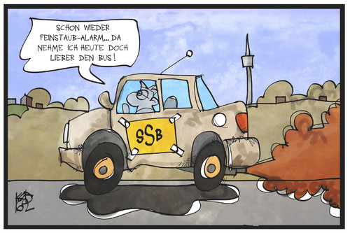 Cartoon: Feinstaub-Alarm (medium) by Kostas Koufogiorgos tagged karikatur,koufogiorgos,illustration,cartoon,feinstaub,stuttgart,alarm,bus,öpnv,umwelt,verschmutzung,luft,reinhaltung,ökologie,ssb,auto,karikatur,koufogiorgos,illustration,cartoon,feinstaub,stuttgart,alarm,bus,öpnv,umwelt,verschmutzung,luft,reinhaltung,ökologie,ssb,auto