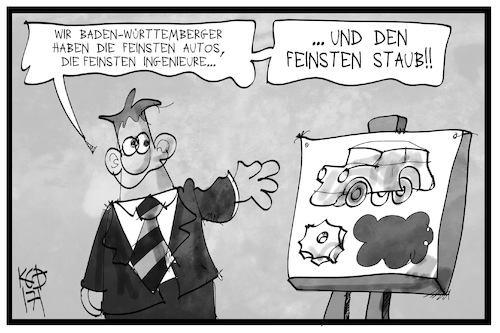 Cartoon: Feinstaub in Stuttgart (medium) by Kostas Koufogiorgos tagged karikatur,koufogiorgos,illustration,cartoon,feinstaub,stuttgart,baden,württemberg,wirtschaft,schwaben,umwelt,verschmutzung,automobil,ingenieurskundt,technik,präsentation,stolz,luft,karikatur,koufogiorgos,illustration,cartoon,feinstaub,stuttgart,baden,württemberg,wirtschaft,schwaben,umwelt,verschmutzung,automobil,ingenieurskundt,technik,präsentation,stolz,luft