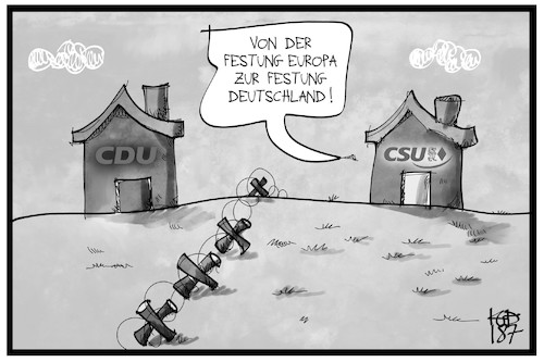 Cartoon: Festung Deutschland (medium) by Kostas Koufogiorgos tagged karikatur,koufogiorgos,illustration,cartoon,festung,europa,deutschland,union,cdu,csu,stacheldraht,asylstreit,politik,zaun,grenze,karikatur,koufogiorgos,illustration,cartoon,festung,europa,deutschland,union,cdu,csu,stacheldraht,asylstreit,politik,zaun,grenze