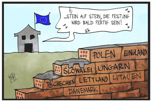 Cartoon: Festung Europa (medium) by Kostas Koufogiorgos tagged karikatur,koufogiorgos,illustration,cartoon,europa,festung,polen,slowakei,ungarn,tschechien,mauer,abschottung,eu,flüchtlingspolitik,karikatur,koufogiorgos,illustration,cartoon,europa,festung,polen,slowakei,ungarn,tschechien,mauer,abschottung,eu,flüchtlingspolitik