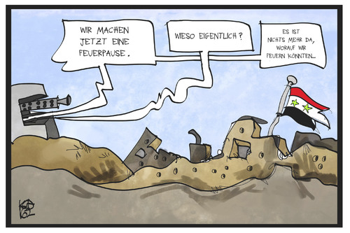 Cartoon: Feuerpause in Syrien (medium) by Kostas Koufogiorgos tagged karikatur,koufogiorgos,illustration,cartoon,feuerpause,syrien,krieg,konflikt,waffenruhe,zerstörung,ruine,politik,karikatur,koufogiorgos,illustration,cartoon,feuerpause,syrien,krieg,konflikt,waffenruhe,zerstörung,ruine,politik