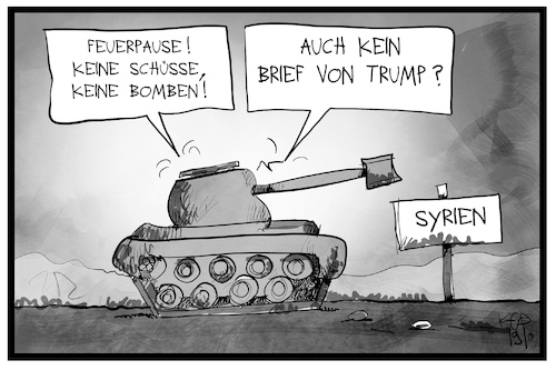 Cartoon: Feuerpause Syrien (medium) by Kostas Koufogiorgos tagged karikatur,koufogiorgos,illustration,cartoon,syrien,panzer,feuerpause,trump,krieg,konflikt,karikatur,koufogiorgos,illustration,cartoon,syrien,panzer,feuerpause,trump,krieg,konflikt