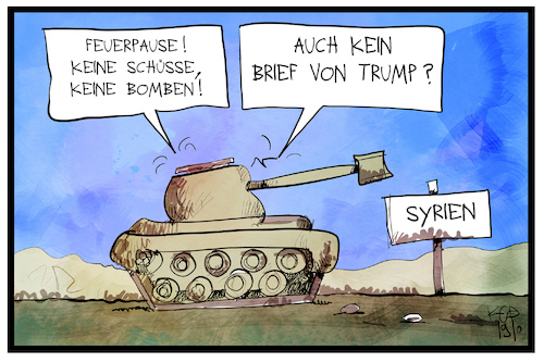 Cartoon: Feuerpause Syrien (medium) by Kostas Koufogiorgos tagged karikatur,koufogiorgos,illustration,cartoon,syrien,panzer,feuerpause,trump,krieg,konflikt,karikatur,koufogiorgos,illustration,cartoon,syrien,panzer,feuerpause,trump,krieg,konflikt