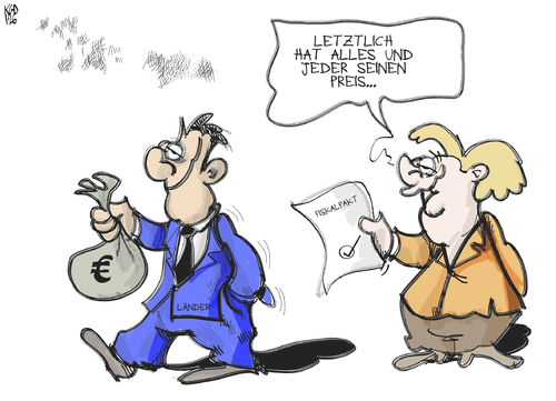 Cartoon: Fiskalpakt (medium) by Kostas Koufogiorgos tagged fiskalpakt,länder,bund,bundesrat,merkel,bestechung,geld,koufogiorgos,kostas,karikatur,fiskalpakt,geld,bestechung,merkel