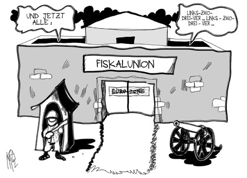 Cartoon: Fiskalunion (medium) by Kostas Koufogiorgos tagged europa,deutschland,rolle,europe,role,leading,germany,krise,euro,führungsrolle,leadership,crisis,zeit,führungsanspruch,fiskalunion,zone,kaserne,militaer,eu,europaeische,union,politik,marsch,wache,gipfel,karikatur,kostas,koufogiorgos,fiskalunion,euro,zone,kaserne,militär