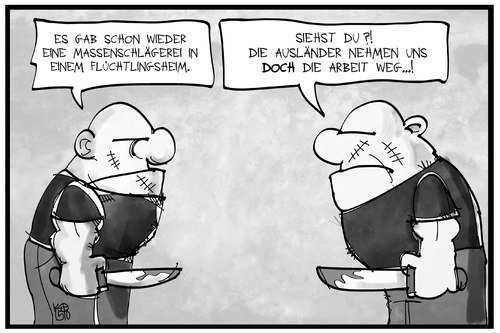 Cartoon: Flüchtlingskrise (medium) by Kostas Koufogiorgos tagged karikatur,koufogiorgos,illustration,cartoon,flüchtlingspolitik,flüchtlingskrise,neonazi,skinhead,rechtsextremismus,rechtsradikal,gewalt,arbeit,neid,karikatur,koufogiorgos,illustration,cartoon,flüchtlingspolitik,flüchtlingskrise,neonazi,skinhead,rechtsextremismus,rechtsradikal,gewalt,arbeit,neid