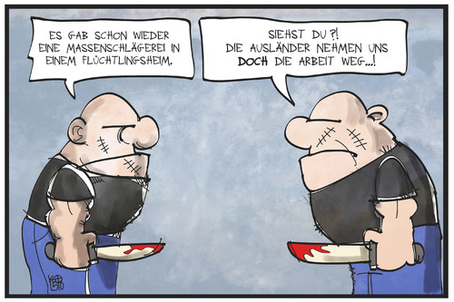 Cartoon: Flüchtlingskrise (medium) by Kostas Koufogiorgos tagged karikatur,koufogiorgos,illustration,cartoon,flüchtlingspolitik,flüchtlingskrise,neonazi,skinhead,rechtsextremismus,rechtsradikal,gewalt,arbeit,neid,karikatur,koufogiorgos,illustration,cartoon,flüchtlingspolitik,flüchtlingskrise,neonazi,skinhead,rechtsextremismus,rechtsradikal,gewalt,arbeit,neid