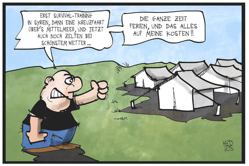 Cartoon: Flüchtlingspolitik (medium) by Kostas Koufogiorgos tagged karikatur,koufogiorgos,illustration,cartoon,flüchtlinge,flüchtlingspolitik,zeltstadt,camp,unterbringung,hilfe,asyl,politik,rassismus,urlaub,karikatur,koufogiorgos,illustration,cartoon,flüchtlinge,flüchtlingspolitik,zeltstadt,camp,unterbringung,hilfe,asyl,politik,rassismus,urlaub