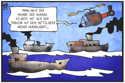 Cartoon: Flüchtlingsschiffe (medium) by Kostas Koufogiorgos tagged karikatur,koufogiorgos,illustration,cartoon,mittelmeer,norman,atlantic,flüchtlinge,flüchtlingsschiff,havarie,hubschrauber,normalität,politik,karikatur,koufogiorgos,illustration,cartoon,mittelmeer,norman,atlantic,flüchtlinge,flüchtlingsschiff,havarie,hubschrauber,normalität,politik