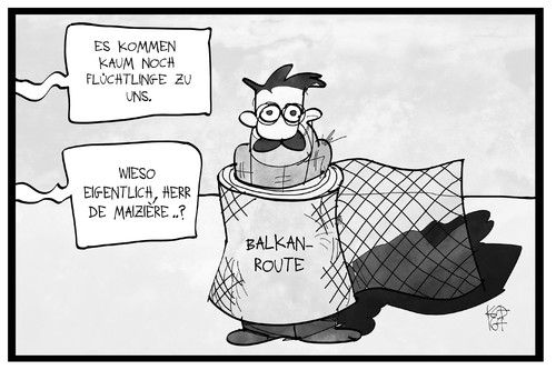 Cartoon: Flüchtlingszahlen (medium) by Kostas Koufogiorgos tagged karikatur,koufogiorgos,illustration,cartoon,maiziere,flüchtlingspolitik,flüchtling,asyl,balkanroute,grenze,grenzzaun,politik,karikatur,koufogiorgos,illustration,cartoon,maiziere,flüchtlingspolitik,flüchtling,asyl,balkanroute,grenze,grenzzaun,politik