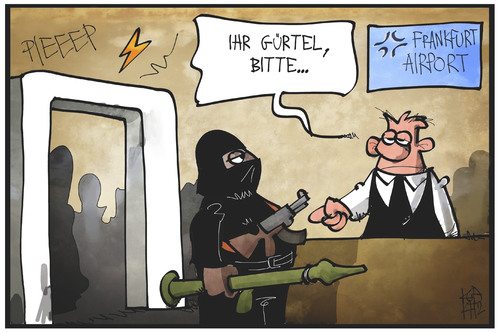 Cartoon: Flughafen-Sicherheit (medium) by Kostas Koufogiorgos tagged karikatur,koufogiorgos,illustration,cartoon,flughafen,kontrolle,sicherheit,kontrolleur,terrorist,waffen,schmuggel,fraport,frankfurt,karikatur,koufogiorgos,illustration,cartoon,flughafen,kontrolle,sicherheit,kontrolleur,terrorist,waffen,schmuggel,fraport,frankfurt