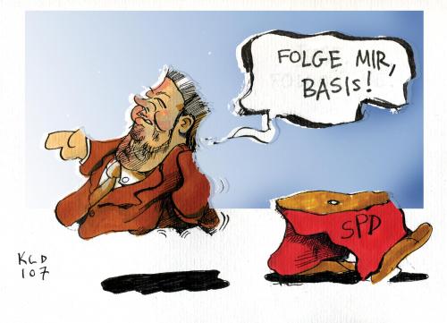 Cartoon: Folge mir Basis (medium) by Kostas Koufogiorgos tagged spd,beck,spd,kurt,beck,flipflop,auseinandergerissen,ziellos,linke,rechte,lafontaine,basis,kopf,kurt beck