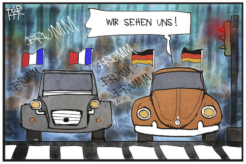 Cartoon: Frankreich und Deutschland (medium) by Kostas Koufogiorgos tagged karikatur,koufogiorgos,illustration,cartoon,frankreich,deutschland,kaefer,ente,auto,duell,autokorso,halbfinale,em,europameisterschaft,karikatur,koufogiorgos,illustration,cartoon,frankreich,deutschland,kaefer,ente,auto,duell,autokorso,halbfinale,em,europameisterschaft