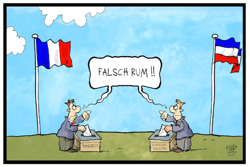 Cartoon: Frankreich und S.-H. (medium) by Kostas Koufogiorgos tagged karikatur,koufogiorgos,illustration,cartoon,fahne,flagge,frankreich,schleswig,holstein,wahl,wahlurne,blau,weiss,rot,demokratie,verwechslung,karikatur,koufogiorgos,illustration,cartoon,fahne,flagge,frankreich,schleswig,holstein,wahl,wahlurne,blau,weiss,rot,demokratie,verwechslung