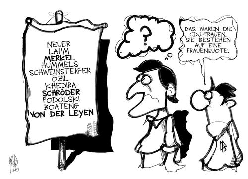 Cartoon: Frauenquote (medium) by Kostas Koufogiorgos tagged cdu,frauen,quote,merkel,von,der,leyen,schröder,löw,fussball,dfb,em,europa,meisterschaft,mannschaft,politik,sport,karikatur,kostas,koufogiorgos,cdu,frauenquote,merkel,leyen,schröder,löw,fussball,dfb,em