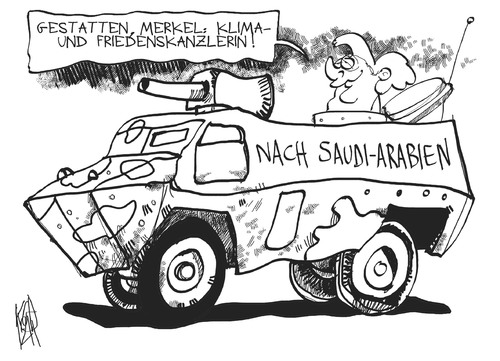 Cartoon: Friedenskanzlerin (medium) by Kostas Koufogiorgos tagged merkel,klimakanzlerin,friedenskanzlerin,panzer,saudi,arabien,rüstungsindustrie,export,waffen,wirtschaft,konflikt,krieg,karikatur,kostas,koufogiorgos,merkel,klimakanzlerin,friedenskanzlerin,panzer,saudi,arabien,rüstungsindustrie,export,waffen,wirtschaft,konflikt,krieg,karikatur,kostas,koufogiorgos