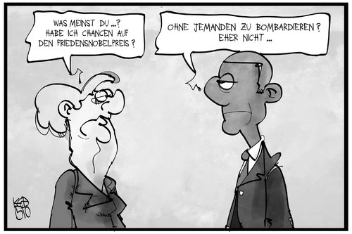 Cartoon: Friedensnobelpreis (medium) by Kostas Koufogiorgos tagged karikatur,koufogiorgos,illustration,cartoon,friedensnobelpreis,merkel,obama,krieg,frieden,bomben,auszeichnung,ehre,ehrung,karikatur,koufogiorgos,illustration,cartoon,friedensnobelpreis,merkel,obama,krieg,frieden,bomben,auszeichnung,ehre,ehrung