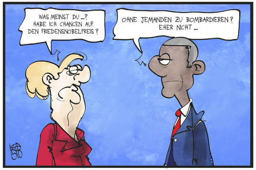 Cartoon: Friedensnobelpreis (medium) by Kostas Koufogiorgos tagged karikatur,koufogiorgos,illustration,cartoon,friedensnobelpreis,merkel,obama,krieg,frieden,bomben,auszeichnung,ehre,ehrung,karikatur,koufogiorgos,illustration,cartoon,friedensnobelpreis,merkel,obama,krieg,frieden,bomben,auszeichnung,ehre,ehrung