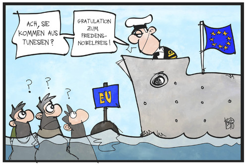 Cartoon: Friedensnobelpreis (medium) by Kostas Koufogiorgos tagged karikatur,koufogiorgos,illustration,cartoon,tunesien,flüchtlinhe,schiff,meer,rettung,eu,europa,seenot,friedensnobelpreis,gratulation,grenze,karikatur,koufogiorgos,illustration,cartoon,tunesien,flüchtlinhe,schiff,meer,rettung,eu,europa,seenot,friedensnobelpreis,gratulation,grenze