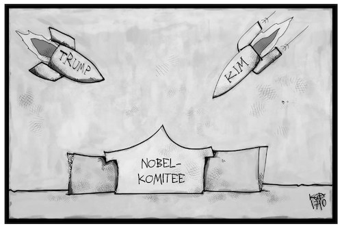 Cartoon: Friedensnobelpreis (medium) by Kostas Koufogiorgos tagged karikatur,koufogiorgos,illustrtion,cartoon,frieden,nobelpreis,trump,kim,atomwaffen,ican,preisverleihung,angriff,usa,nordkorea,konflikt,nuklear,rakete,oslo,nobelkomitte,karikatur,koufogiorgos,illustrtion,cartoon,frieden,nobelpreis,trump,kim,atomwaffen,ican,preisverleihung,angriff,usa,nordkorea,konflikt,nuklear,rakete,oslo,nobelkomitte