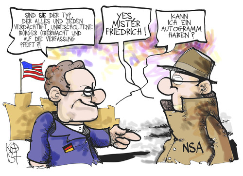 Cartoon: Friedrich in den USA (medium) by Kostas Koufogiorgos tagged usa,prism,friedrich,spionage,skandal,affäre,agent,innenminister,karikatur,koufogiorgos,usa,prism,friedrich,spionage,skandal,affäre,agent,innenminister,karikatur,koufogiorgos