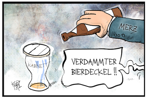 Cartoon: Friedrich Merz (medium) by Kostas Koufogiorgos tagged karikatur,koufogiorgos,illustration,cartoon,merz,glas,bierdeckel,kabinett,regierung,amt,posten,cdu,politik,karikatur,koufogiorgos,illustration,cartoon,merz,glas,bierdeckel,kabinett,regierung,amt,posten,cdu,politik