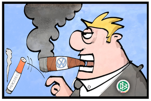 Cartoon: Frischer Qualm bei DFB (medium) by Kostas Koufogiorgos tagged karikatur,koufogiorgos,cartoon,illustration,dfb,fussball,vw,daimler,automobil,wirtschaft,sponsor,ablösung,sport,zigarre,zigarette,diselgate,rauch,qualm,verschmutzung,karikatur,koufogiorgos,cartoon,illustration,dfb,fussball,vw,daimler,automobil,wirtschaft,sponsor,ablösung,sport,zigarre,zigarette,diselgate,rauch,qualm,verschmutzung