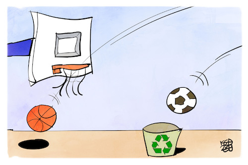 Cartoon: Fuß- und Basketball (medium) by Kostas Koufogiorgos tagged karikatur,koufogiorgos,fußball,basketball,sieg,niederlage,sport,ballsport,müll,korb,karikatur,koufogiorgos,fußball,basketball,sieg,niederlage,sport,ballsport,müll,korb