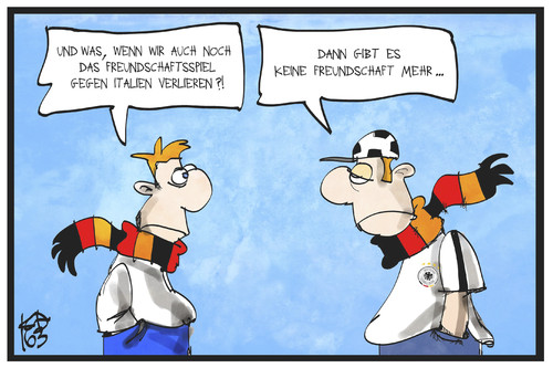 Cartoon: Fussball-Freundschaftsspiel (medium) by Kostas Koufogiorgos tagged karikatur,koufogiorgos,illustration,cartoon,dfb,elf,fussball,italien,grossbritannien,freundschaft,spiel,testspiel,fan,karikatur,koufogiorgos,illustration,cartoon,dfb,elf,fussball,italien,grossbritannien,freundschaft,spiel,testspiel,fan