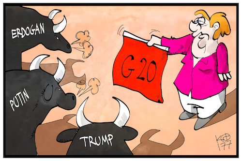 Cartoon: G20-Gäste (medium) by Kostas Koufogiorgos tagged karikatur,koufogiorgos,illustration,cartoon,hamburg,g20,merkel,trump,erdogan,putin,gastgeberin,torrero,stierkampf,bändigen,politik,karikatur,koufogiorgos,illustration,cartoon,hamburg,g20,merkel,trump,erdogan,putin,gastgeberin,torrero,stierkampf,bändigen,politik