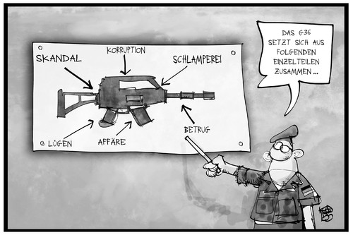 Cartoon: G36-Skandal (medium) by Kostas Koufogiorgos tagged karikatur,koufogiorgos,illustration,cartoon,g36,sturmgewehr,bundeswehr,waffe,militär,ausrüstung,skandal,heckler,koch,korruption,politik,karikatur,koufogiorgos,illustration,cartoon,g36,sturmgewehr,bundeswehr,waffe,militär,ausrüstung,skandal,heckler,koch,korruption,politik