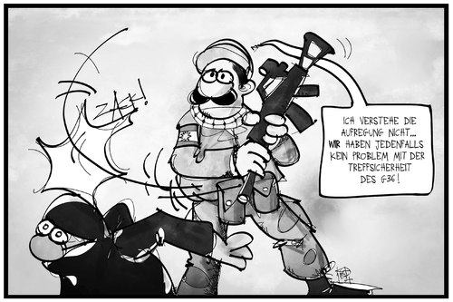 Cartoon: G36 (medium) by Kostas Koufogiorgos tagged karikatur,koufogiorgos,illustration,cartoon,g36,gewehr,kurden,peschmerga,is,kampf,sturmgewehr,heckler,koch,schlag,bundeswehr,militär,armee,krieg,irak,karikatur,koufogiorgos,illustration,cartoon,g36,gewehr,kurden,peschmerga,is,kampf,sturmgewehr,heckler,koch,schlag,bundeswehr,militär,armee,krieg,irak