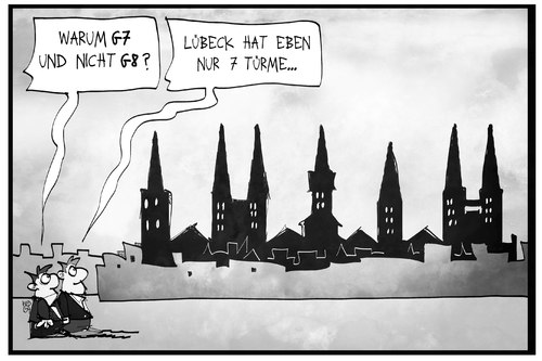 Cartoon: G7 Lübeck (medium) by Kostas Koufogiorgos tagged karikatur,koufogiorgos,illustration,cartoon,g7,g8,lübeck,türme,außenminister,treffen,politik,weltmacht,karikatur,koufogiorgos,illustration,cartoon,g7,g8,lübeck,türme,außenminister,treffen,politik,weltmacht