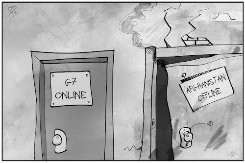 Cartoon: G7 Online (medium) by Kostas Koufogiorgos tagged karikatur,koufogiorgos,illustration,cartoon,g7,online,offline,afghanistan,gipfel,karikatur,koufogiorgos,illustration,cartoon,g7,online,offline,afghanistan,gipfel