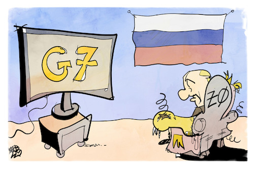 Cartoon: G7 vs. Z0 (medium) by Kostas Koufogiorgos tagged koufogiorgos,karikatur,insel,putin,russland,isolation,einsamkeit,g7,aussenminister,koufogiorgos,karikatur,insel,putin,russland,isolation,einsamkeit,g7,aussenminister
