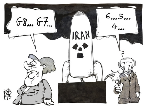 Cartoon: G8-Countdown (medium) by Kostas Koufogiorgos tagged karikatur,koufogiorgos,cartoon,illustration,merkel,putin,russland,g8,g7,iran,atomwaffen,atombombe,sanktionen,politik,konflikt,krise,karikatur,koufogiorgos,cartoon,illustration,merkel,putin,russland,g8,g7,iran,atomwaffen,atombombe,sanktionen,politik,konflikt,krise