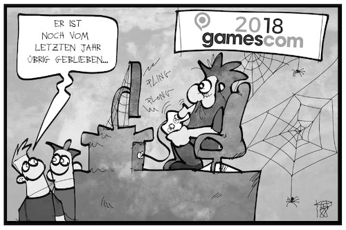 Cartoon: Gamescom 2018 (medium) by Kostas Koufogiorgos tagged karikatur,koufogiorgos,illustration,cartoon,gamescom,messe,koeln,computerspiel,nutzer,sucht,internet,medien,karikatur,koufogiorgos,illustration,cartoon,gamescom,messe,koeln,computerspiel,nutzer,sucht,internet,medien