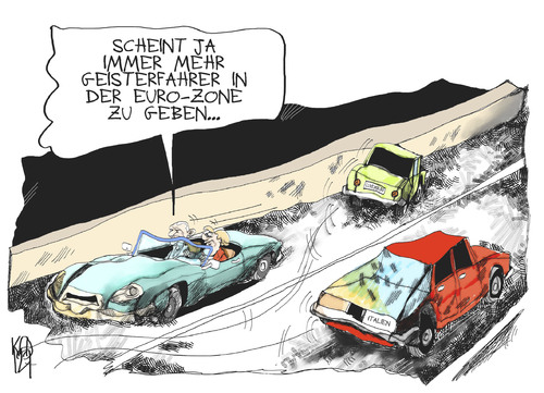 Cartoon: Geisterfahrer (medium) by Kostas Koufogiorgos tagged euro,zone,schulden,krise,merkel,schäuble,geisterfahrer,luxemburg,italien,auto,isolation,europa,karikatur,kostas,koufogiorgos