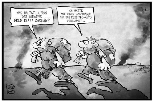 Cartoon: Geld statt Decken (medium) by Kostas Koufogiorgos tagged karikatur,koufogiorgos,illustration,cartoon,geld,decken,flüchtlinge,hilfe,kaufprämie,eauto,elektroauto,flüchtlingshilfe,uhncr,un,karikatur,koufogiorgos,illustration,cartoon,geld,decken,flüchtlinge,hilfe,kaufprämie,eauto,elektroauto,flüchtlingshilfe,uhncr,un