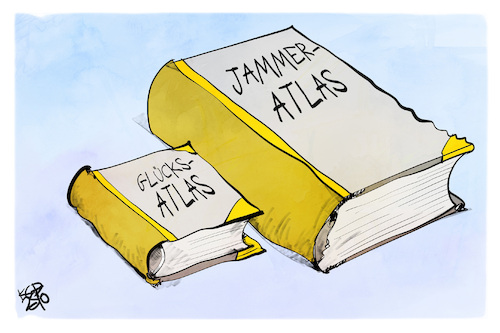 Glücksatlas vs. Jammeratlas (medium) Cartoon: Glücksatlas vs. Jammeratlas (medium) by Kostas Koufogiorgos tagged karikatur,koufogiorgos,jammeratlas,glücksatlas,buch,dick,dünn,zufriedenheit,studie,karikatur,koufogiorgos,jammeratlas,glücksatlas,buch,dick,dünn,zufriedenheit,studie