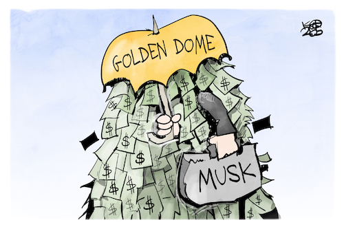 Cartoon: Golden Dome (medium) by Kostas Koufogiorgos tagged karikatur,koufogiorgos,golden,dome,starlink,musk,geld,raketenabwehr,karikatur,koufogiorgos,golden,dome,starlink,musk,geld,raketenabwehr