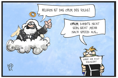 Cartoon: Golf-Krise (medium) by Kostas Koufogiorgos tagged karikatur,koufogiorgos,illustration,cartoon,krise,golf,marx,opium,wolke,engel,droge,konflikt,sunniten,schiiten,religion,volk,zitat,saudi,arabien,iran,karikatur,koufogiorgos,illustration,cartoon,krise,golf,marx,opium,wolke,engel,droge,konflikt,sunniten,schiiten,religion,volk,zitat,saudi,arabien,iran