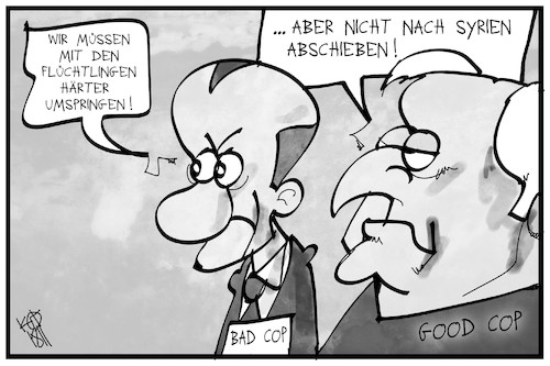 Cartoon: Good Cop bad Cop (medium) by Kostas Koufogiorgos tagged karikatur,koufogiorgos,illustration,cartoon,merz,seehofer,cop,polizei,asyl,abschiebung,politik,cdu,csu,karikatur,koufogiorgos,illustration,cartoon,merz,seehofer,cop,polizei,asyl,abschiebung,politik,cdu,csu