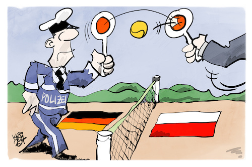 Cartoon: Grenzkontrollen (medium) by Kostas Koufogiorgos tagged karikatur,koufogiorgos,polen,deutschland,eu,grenzkontrolle,migration,grenze,federball,karikatur,koufogiorgos,polen,deutschland,eu,grenzkontrolle,migration,grenze,federball