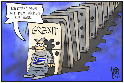 Cartoon: Grexit (medium) by Kostas Koufogiorgos tagged karikatur,koufogiorgos,illustration,cartoon,griechenland,domino,effekt,spiel,grexit,euro,austritt,währung,wand,politik,europa,karikatur,koufogiorgos,illustration,cartoon,griechenland,domino,effekt,spiel,grexit,euro,austritt,währung,wand,politik,europa