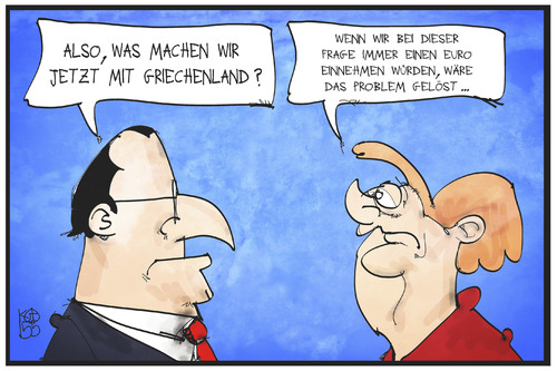 Cartoon: Griechenland-Frage (medium) by Kostas Koufogiorgos tagged karikatur,koufogiorgos,illustration,cartoon,griechenland,merkel,hollande,zukunft,europa,krise,grexit,geld,kredit,politik,karikatur,koufogiorgos,illustration,cartoon,griechenland,merkel,hollande,zukunft,europa,krise,grexit,geld,kredit,politik