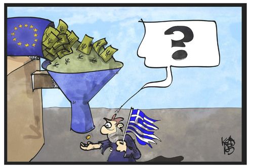 Cartoon: Griechenland-Hilfe (medium) by Kostas Koufogiorgos tagged karikatur,koufogiorgos,illustration,cartoon,griechenland,hilfe,troika,eu,europa,kredit,hilfspaket,ausschüttung,bürger,banknote,münze,karikatur,koufogiorgos,illustration,cartoon,griechenland,hilfe,troika,eu,europa,kredit,hilfspaket,ausschüttung,bürger,banknote,münze