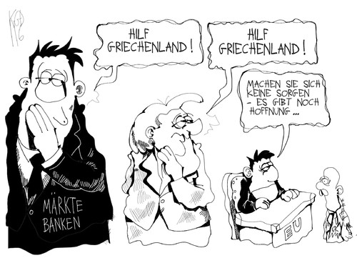 Cartoon: Griechenland (medium) by Kostas Koufogiorgos tagged griechenland,papandreou,merkel,bank,finanzmarkt,staatsdefizit,schulden,geld,euro,rettungspaket,wirtschaft