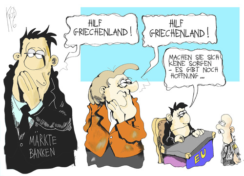 Cartoon: Griechenland (medium) by Kostas Koufogiorgos tagged griechenland,papandreou,merkel,bank,finanzmarkt,staatsdefizit,schulden,geld,euro,rettungspaket,wirtschaft